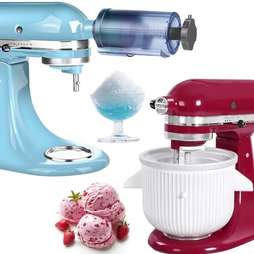 Ice Cream Maker & Shaved Ice Attachment for Kitchen aid Mixer, Kitchenaid Accessories Set Includes Shaved Ice Machine with 8 Ice Molds and Ice Cream Gelato Maker for 4.5 Qt & Larger Stand Mixers
