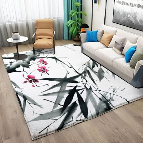 Teppiche Gegend Tuschemalerei Bambus Teppich Wohnzimmer 80 x 150cm Waschbarer Teppich Kurzflor Teppich Anti-Rutsch Unterseite Heimdeko für Schlafzimmer