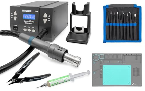 QUICK 861DW Heißluft Lötstation Sensor-geregelt und digital einstellbar, 3 Festspeicher - 1000 Watt/Temperatur 100-500 °C - Heißluft 60L/Min - SMD Reworkstation mit 4-teiligem Zubehör-Set