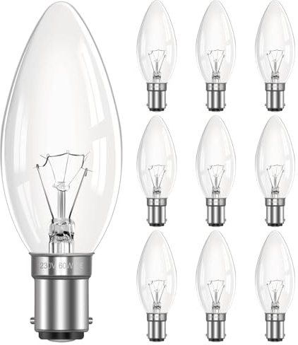 Morotty B15 Dimmable Candle Bulbs, 2700K Warm White, 600LM, Small Bayonet SBC for Ceiling Lights, Chandelier, Wall Lights- 10 Pack