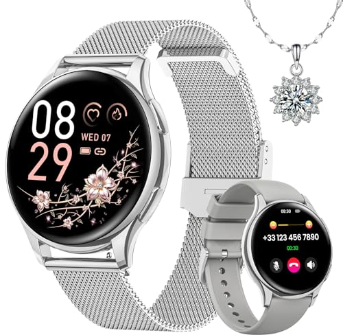Sanorum Smartwatch Damen mit Telefonfunktion, Rund 1,27 HD Screen Armbanduhr mit 120+ Sport Pulsuhr SpO2 Schlafmonitor Menstruationszyklus IP68 Fitness Tracker Schrittzähler für iOS Android Silber