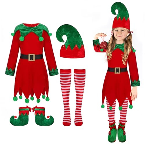 AOLIUP Kids Girls Christmas Elf Costume - Santa Helper Costume Xmas Holiday Elf Dress Outfit (10-11)