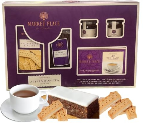 Afternoon Tea Hamper - Tea Gift Set For Women With Fruit Cake - Jam Preserve - 40 Tea Bags and Shortbread Biscuit - Valentines Day Couples Hamper - Mother's Day Hamper