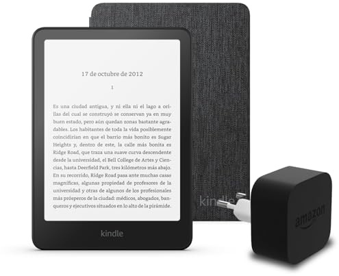 Den neuesten Kindle Paperwhite (Version 2024) mit 16 GB ohne Werbung, eine Amazon-Stoffhülle und ein Amazon Powerfast 9-W-Netzteil.