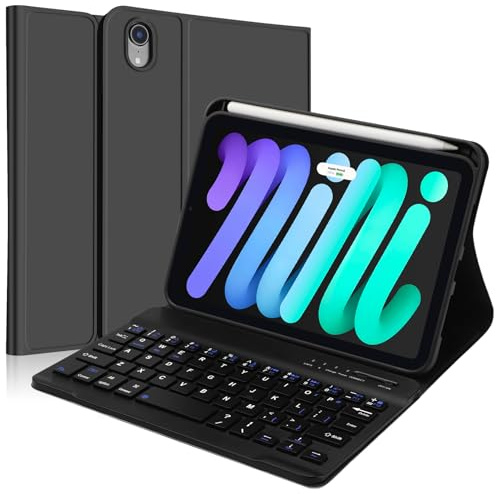 SENGBIRCH Keyboard Case for iPad Mini 7 (A17Pro) 8.3 inch 2024, UK Layout Wireless Detachable Bluetooth Keyboard, Protective Folio Cover for iPad Mini 6 8.3 inch 2021,Black