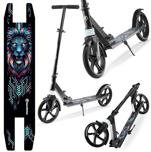 HyperMotion Doppelrad-Scooter für Jugend und Erwachsene, mit Stoßdämpfer, bis 100kg, Verstellbarer Lenker 85-95cm, rutschfeste Deck, Stabil, ABEC-7 Lager, Faltbar, Digital Löwe