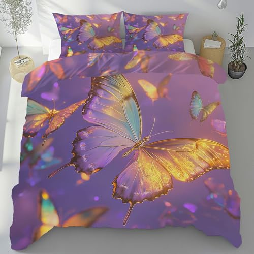 Meugesoi Fantasy Schmetterling Bettbezug 135x200 cm mit 2 Kissenbezüge 80x80 cm, Lila Schmetterling Bettwäsche 3-Teilig mit Reißverschluss Bügelfrei, Bettwäsche Set Mikrofaser Weich