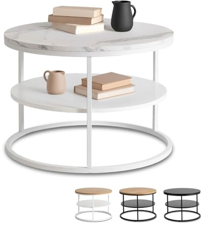 MEBEL ELITE Couchtisch Rund 70 x 49,5 cm – Modern Wohnzimmertisch Marmoroptik/Weiß mit Stauraum – Sofatisch Rund für Wohnzimmer und Büro – Runder Tisch mit pflegeleichter Oberfläche