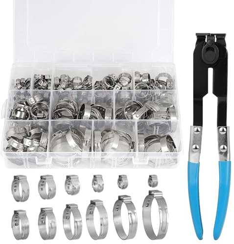 DBREAKS 150 PCS Edelstahl Schlauchschellen Set 304, 12 Größen 5,8-33,1mm | Stufenlos, rostbeständig, mit Klemmzange, dichte Verbindung, für Automobil, Industrie, Rohrsanierung