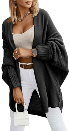 Saodimallsu Strickjacke Damen Langarm Oversize Cardigan Open Front Sweater Leichte Lange Strickmantel Casual Elegant Einfarbig Pullover Schwarz L