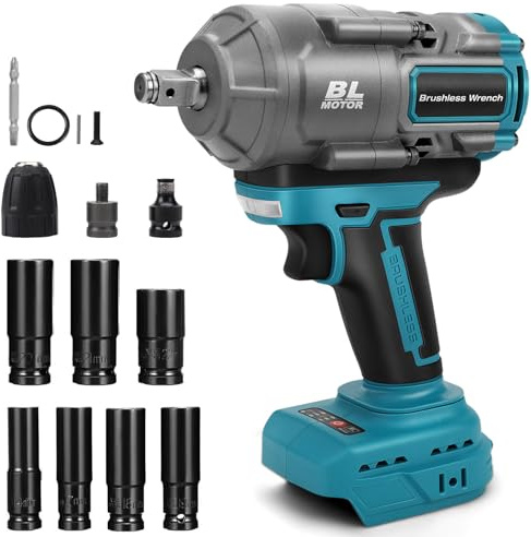 Visseuse à percussion sans fil 1100 Nm pour batterie Makita 18 V (sans batterie), clé à chocs rotative sans balais 1/2 avec 7 douilles et lumière LED