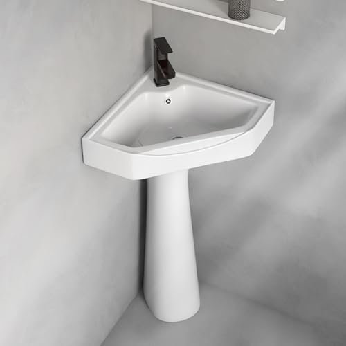 Fregadero de cerámica con pedestal compacto de porcelana vítrea, lavabo de pie para guardarropa, acabado blanco brillante