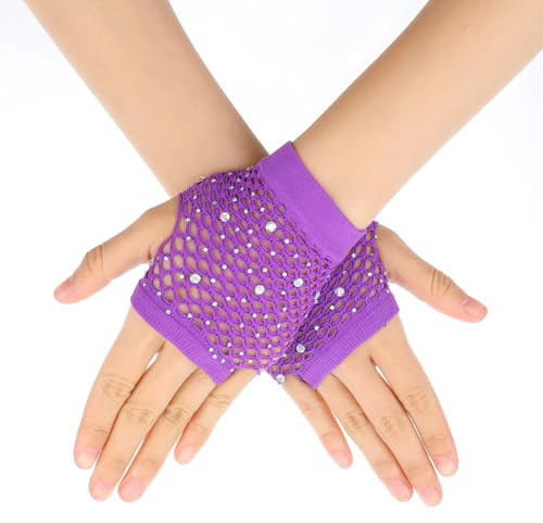 Lusofie Fingerless Gloves Kids Women Short Neon Fishnet Gloves Fingerless with Rhinestone for 80s 90s Halloween Party(Purple)