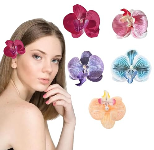 EnixwH 5 Pezzi Mollette Fiori per Capelli, Fermaglio Capelli Fiore con Orchidea Phalaenopsis, Hawaiian Flower Hair Clip, Fermacapelli Donna Antiscivolo, per Carnevale Danza Piscina Spiaggia Festa