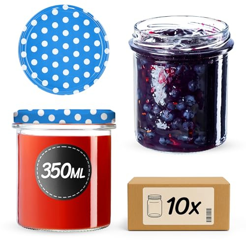 KADAX Vasetti per marmellata da 350 ml con coperchio a vite da 82 mm, piccoli barattoli con coperchio, vasetti per sottaceti, barattoli a vite per marmellata e miele (blu a pois, 10 pezzi)