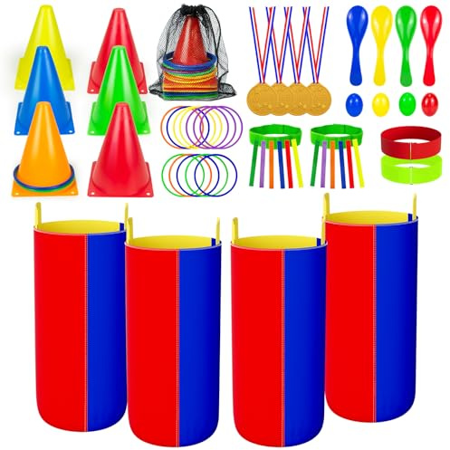 Sports Day Kit, Outdoor Sack Race Bags Games Set Includes Potato Sack Bags, Egg Spoon Relay Race, Catch Tail Games, Fun Outdoor Garden Family Backyard Game for Adults And Kids