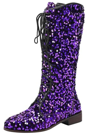 Generisch Frauen Mittlere Waden Stiefel mit Pailletten Dekoration Spitze Up Bequeme Low Heels Stiefel für Damen Reißverschluss Klassische Stiefeletten