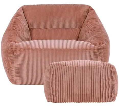 Icon Natalia Sitzsack Sessel mit Hocker für Erwachsene, Rosa, Flauschiger Cord Stoff, Riesen Sitzsack Samt mit Füllung, Bean Bag Chair, Bequemer Sessel Wohnzimmer, Lounge, Schlafzimmer, Büro