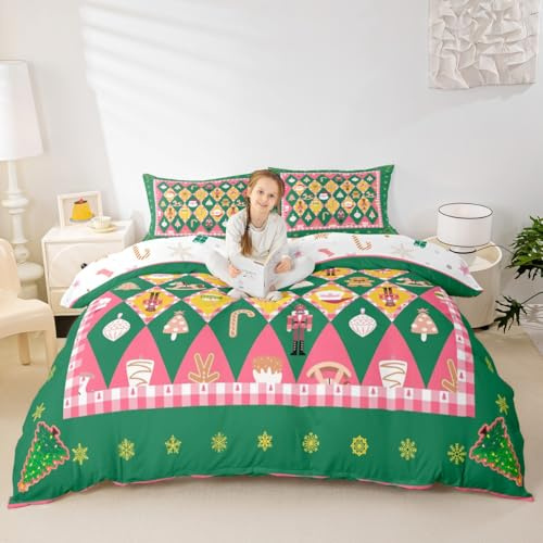 richhome Christmas Nutcracker Duvet Cover Junior/Cot Bed Size Gingerbread Man Santa Claus Bedding Set for Boys Girls Xmas Tree Green Comforter Cover Bedroom Decor 2Pcs With 1 Pillowcase