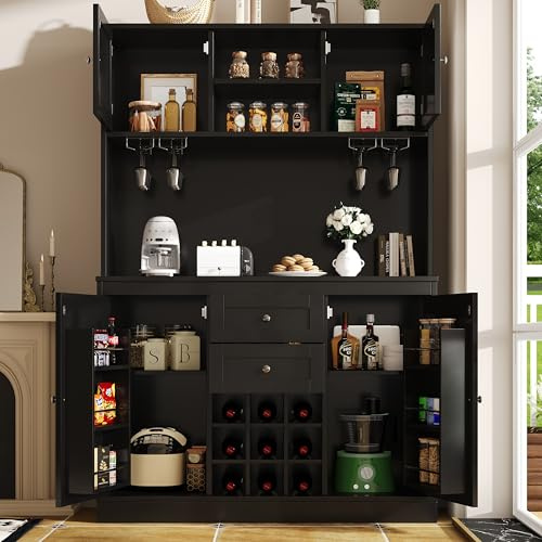 Buffet Haut de Cuisine avec 4 Portes et 2 Tiroirs, Armoire de Rangement avec Étagères Réglables et Casier à Bouteilles, Meuble de Salle à Manger et Salon en Noir, Storage Polyvalent pour Maison