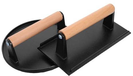 VANZACK Presse à Hamburger et Presse à Viande Robuste en Fonte avec Poignée en Bois, Set 2 Pièces, sans Revêtement, pour Barbecue et Cuisson Maison