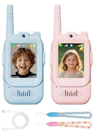 Walkie-talkies con Vídeo para Niños, Walkie-talkies Recargables De Largo Alcance (100-400 M), con Cambiador De Voz Y Pantalla para Videollamadas En Tiempo Real, Ideales para Acampar, Navidad