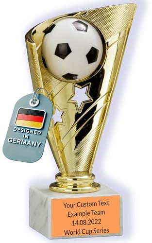 Larius Fußball Pokal in Gold (16 cm, 320 g) | Fußballpokal mit optionaler Wunschgravur – inkl. Marmorsockel – Kinder & Erwachsene - S1
