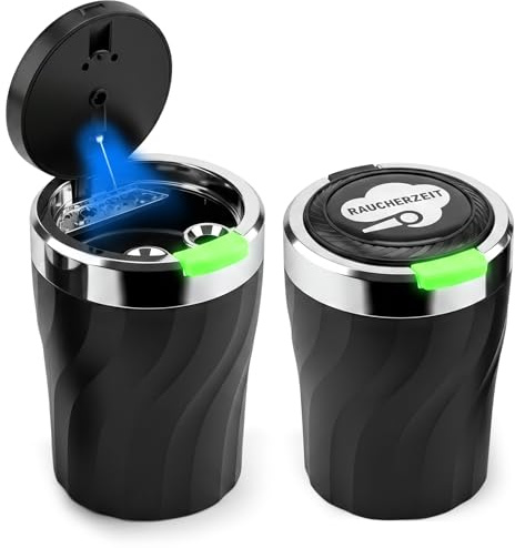 HOWAB 2 Stück Aschenbecher Auto, Tragbarer Auto Aschenbecher mit Deckel | Abnehmbar Reiseaschenbecher mit LED Licht ＆ Aufklebern, Geruchsdicht, Abnehmbar, für Autos Van Camping Draussen Innenbereich