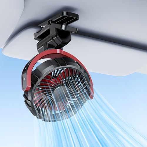 DICMKY Car Clip on Fan for Sun Visor Handle, 2000Mah Rechargeable Battery Powered Usb Fans That Blow Cold Air, Portable Car Cooling Fan for Cars without Ac, for Vehicle, Van, Suv, Rv, Truck, Red