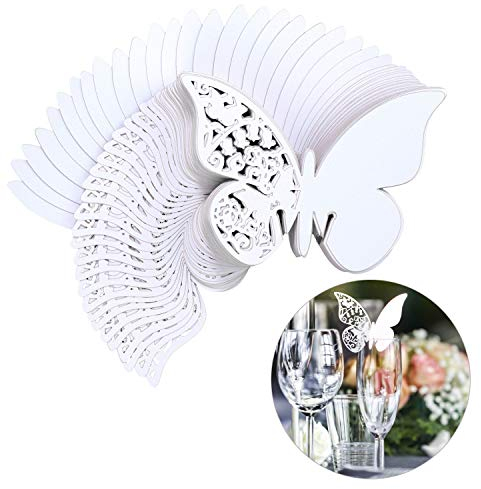 QH-Shop Tarjeta de Copa Mariposa 100 Piezas 3D Hollow Mariposa Nombre Lugar para Boda Invitaciones Regalo Detalle de Boda Cumpleaño Communion Blanco
