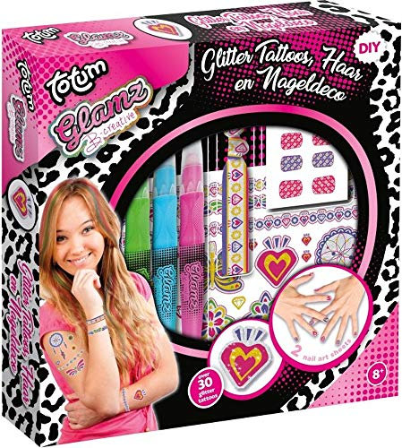 Totum Glamz Kreativset: Glitzertattoo-, Haar- und Nagelset, 3 verschiedene Haarkreidefarben, Ibiza-Elastikband, 50 Glitzertattoos, 48 Nagelsticker, 50020