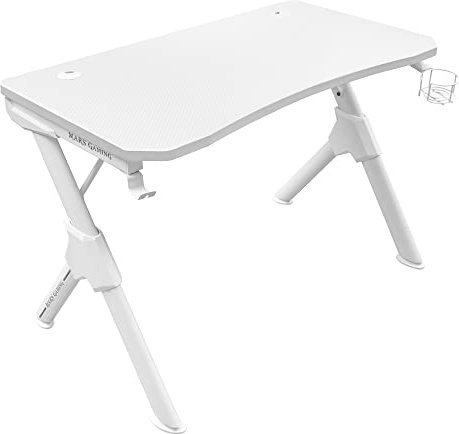 Mars Gaming MGD, 110 cm Gaming-Tisch mit Carbonfaser-Oberfläche, Kopfhörer- und Getränkehalter, Kabelmanagement, PC-Schreibtisch, Stahlrahmen, Ergonomisches Design, Weiß