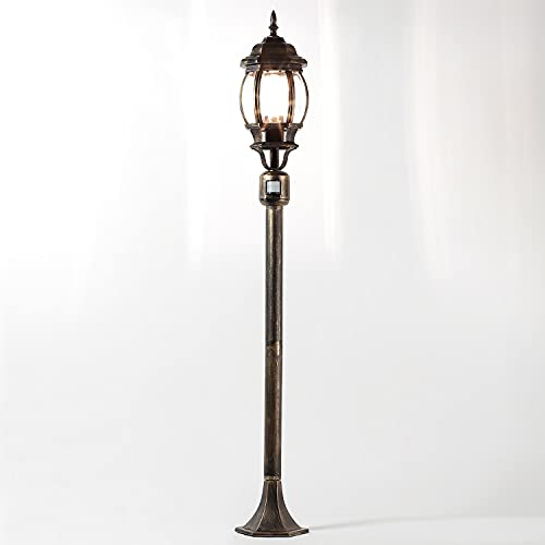 Licht-Erlebnisse Lampe sur pied extérieure avec détecteur de mouvement en aluminium et verre noir cuivré IP44 jardin 123,5 cm petite E27 Lanterne rustique luminaire sur mât extérieur BREST