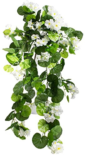 TESTEL künstlicher Geranienhänger/Geranienhängebusch (künstliche Geranie) mit 10 Stielen (Creme-weiß)