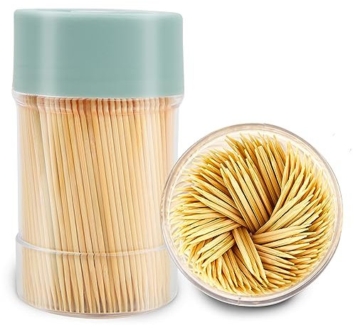 TRTRin Bambu tandpetare [3 000 antal] – med återanvändbar tandpetarhållare, robust slät finish tandplektrum, för fest, förrätt, oliv, grill, frukt och tänder rengöring, grön.
