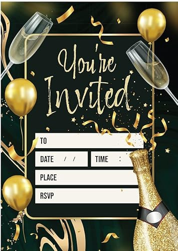 Kirsten McMillan 32 Black & Gold Champagne Birthday Invitations - A6 Birthday Party Invitations Cards for Adults with Envelopes – Invites Designed and Printed in the UK