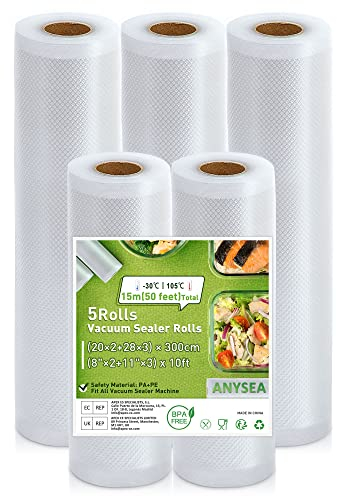 Anysea Sacchetti per Sottovuoto Alimenti：Rotolo Sottovuoto Alimenti per Macchine Sottovuoto, 5 Rotolo 20x2/28x3/300cm, Sacchetti Sottovuoto per Alimenti Goffrati, Buste Sottovuoto Alimenti senza BPA