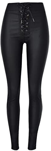 Dninmim Pantalones de cuero sexy con cordones para mujer, cintura alta, para primavera, otoño, ajustados, de piel sintética, color negro, Negro, M
