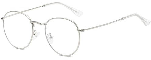 LOJUDI Blaulichtfilter Brille Damen und Herren-Runde Fake Blaufilter Brille Ohne Stärke-Anti Blue Light Blocking Glasses-Metall Frame für Gaming Brille Computerbrille Vintage - Silber Rahmen
