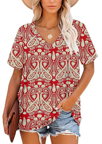 NARRAME Tops para Mujer Camisetas Verano túnica Manga Corta Tops Cuello Pico para Mujer Paisley Floral Boho Rojo Small S 34-36