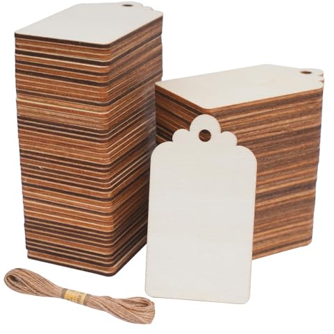 90 Stück Holz Etiketten Tags zum Basteln, 3,9 x 6,8cm Blanko Holzanhänger | Holz Geschenkanhänger mit Schnur, Holzplatten Rechteck Holzscheiben mit Loch für DIY Handwerk Hochzeit Weihnachten