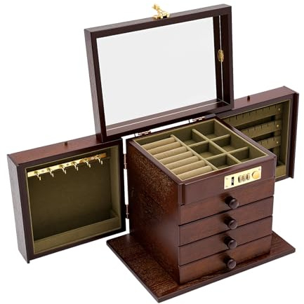 ClearFragrans Joyero de madera grande de 5 capas, caja de joyería, idea de regalo, para guardar relojes, gafas, joyas, gemelos