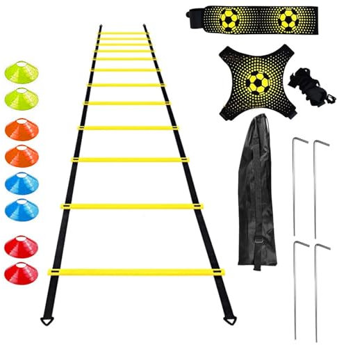 Escalera de Entrenamiento de Agilidad Futbol 6M, Accesorios de Entrenamiento de Fútbol para Velocidad y Agilidad con 10 Conos y 4 Postes, Coordinación Escalera de Entrenamiento para Niños y Adultos