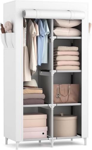 Vicye Armadio Migliorare l'utilizzo dello spazio, Guardaroba in Tessuto, Armadio Pieghevole per Camera da Letto, 1 Barra Appendiabiti, 6 Ripiani e 4 Tasche Laterali, 84 x 42 x 162 cm, Bianco