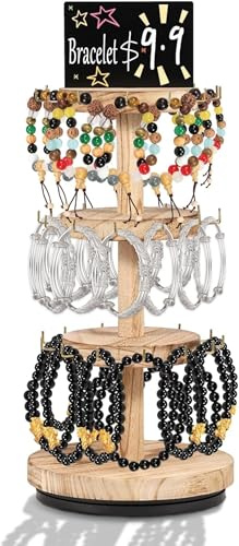 Xummi Supporto per bracciale girevole a 3 livelli, tabellone per esposizione, portagioielli, scaffale per gioielli rustico, portachiavi, espositore in legno naturale