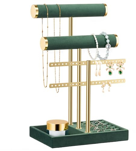 bussdis 3 Tier Bracelet Holder Display - Detachable T Bar Dark Green Velvet Bracelet Holder, Jewelry Holder Organizer for Bracelet, Necklace, Earrings, Rings