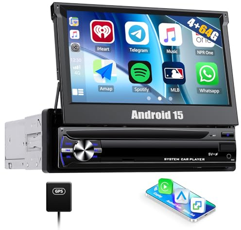 CAMECHO 4+64G Android 15 Autoradio 1 Din 7 Zoll Navi Radio Wireless Carplay Touchscreen Ausfahrbarem Manuelle Display mit Bluetooth Android Auto GPS WiFi DSP FM/RDS Mirror Link SWC