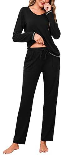 Litherday Pyjamas, dam, bomull, lång pyjamas-set, nattkläder, set, tvådelade sovkläder och pyjamasbyxor, hemmadräkt, fritidsoverall, svart, M