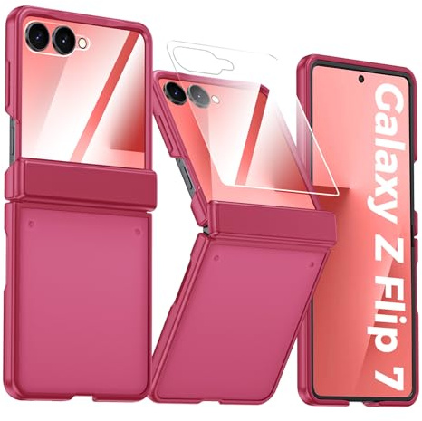 Vizvera Hinge Protection for Samsung Galaxy Z Flip 7 Case, [Built-in 9H Tempered Glass Screen Protector] [12FT Drop Protection] Shockproof Slim Translucent Matte Back Phone Cover for Flip 7,Rose Red
