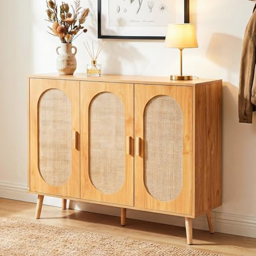 MAXLEAD Rattan Shoe Cabinet with 3 Doors, 24 Pairs Capacity Shoe Storage with Adjustable Shelves for Hallway/Living Room - Wood Grain